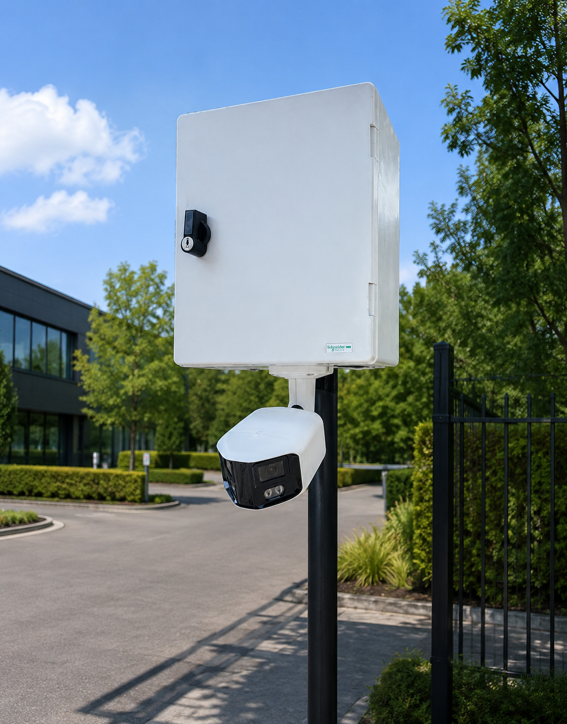 Mobiele Camerabox gemonteerd op een lichtmast met PTZ-camera